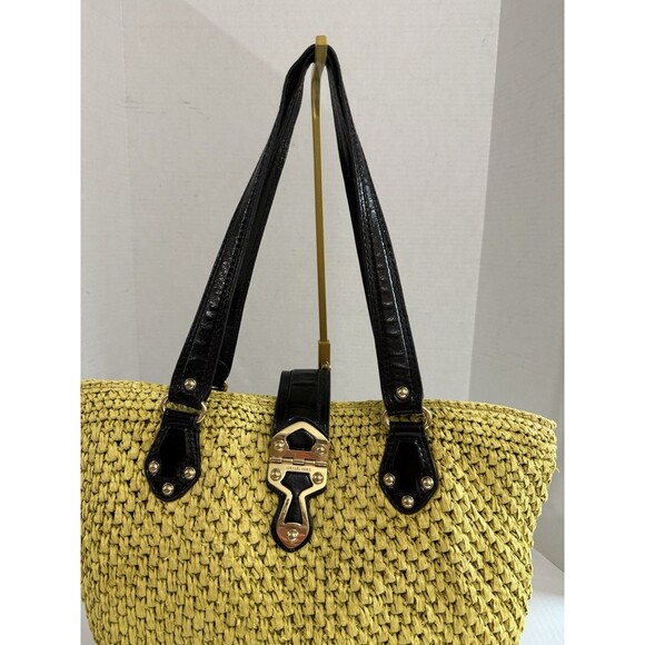 Michael Kors Womens Santorini Tote Bag Yellow Black Straw Patent Leather Woven - Picture 5 of 16